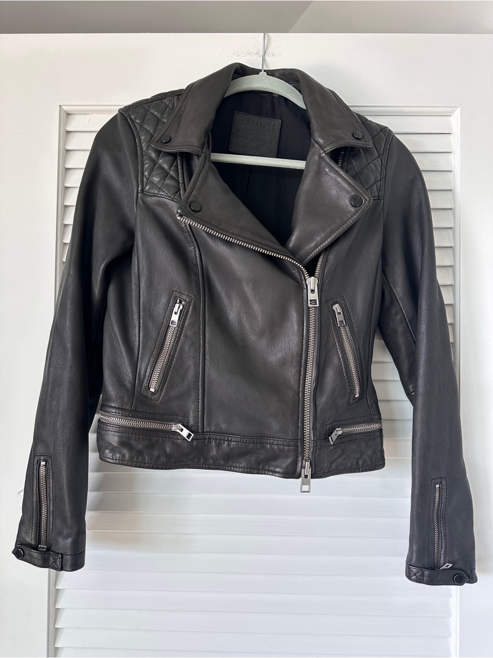 AllSaints Conroy 100% Leather Quilted Moto Biker Jacket Charcoal gray US 6